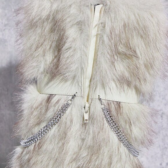 Beige Cute Women's chain Decor faux fur Pointy Heeled Knee-High Boots - Picture 5 of 6